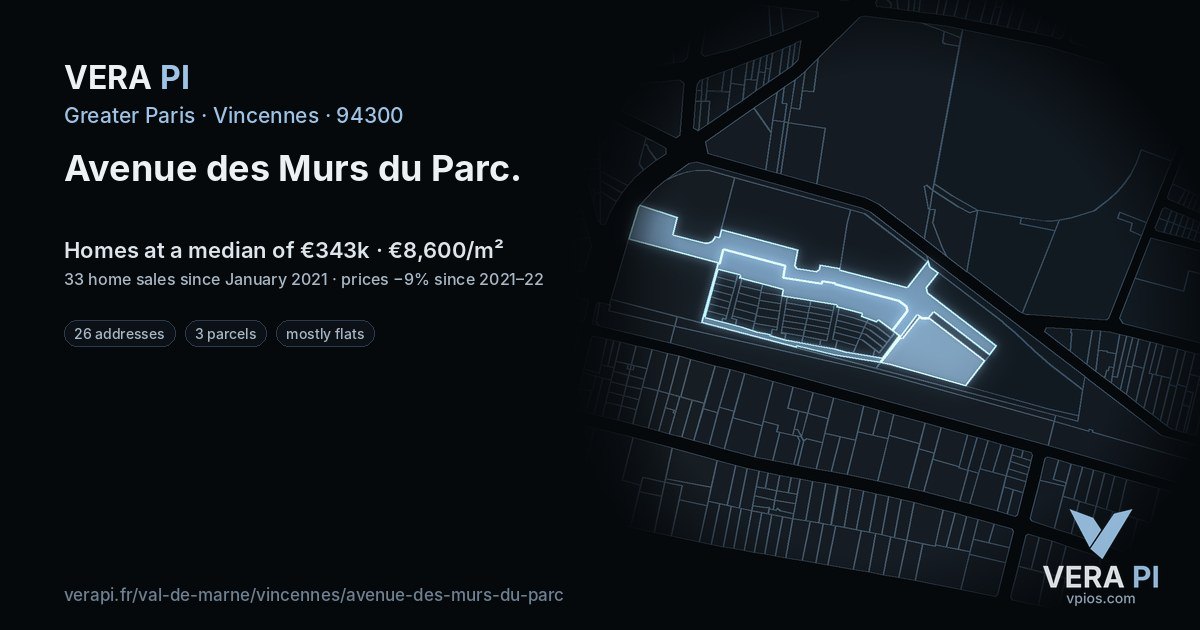 Avenue des Murs du Parc, Vincennes at night – every parcel coloured by the prices around it, the street's own parcels lit