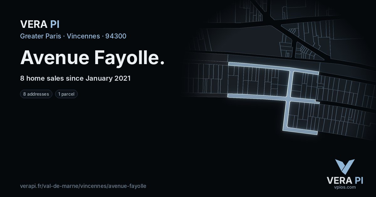 Avenue Fayolle, Vincennes at night – every parcel coloured by the prices around it, the street's own parcels lit