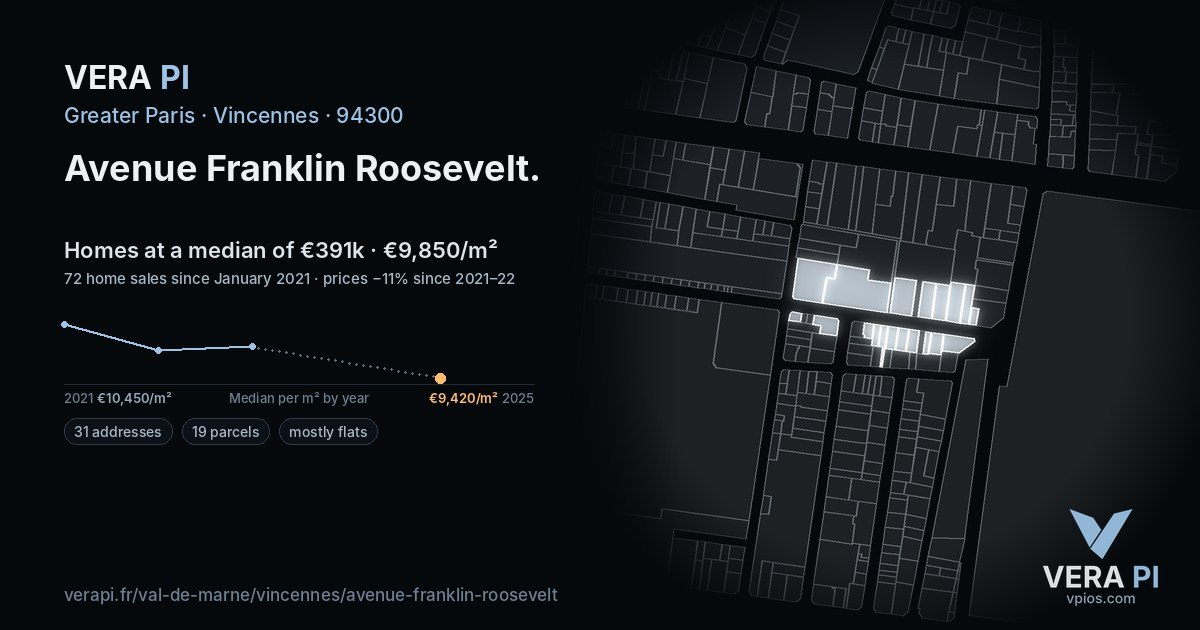 Avenue Franklin Roosevelt, Vincennes at night – every parcel coloured by the prices around it, the street's own parcels lit