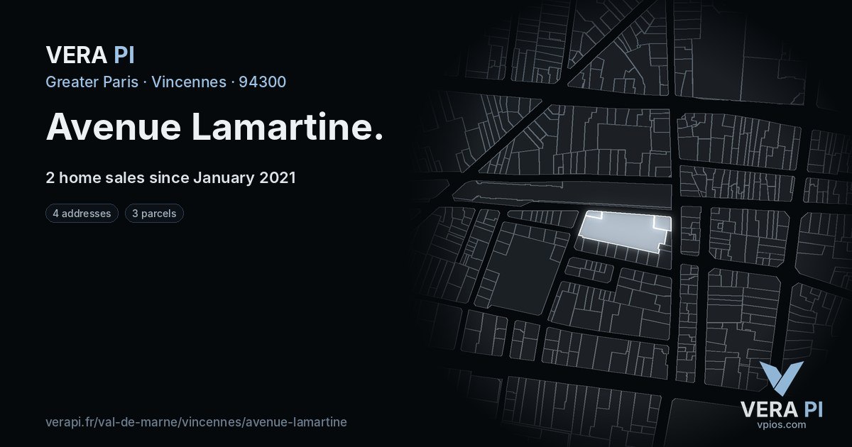 Avenue Lamartine, Vincennes at night – every parcel coloured by the prices around it, the street's own parcels lit