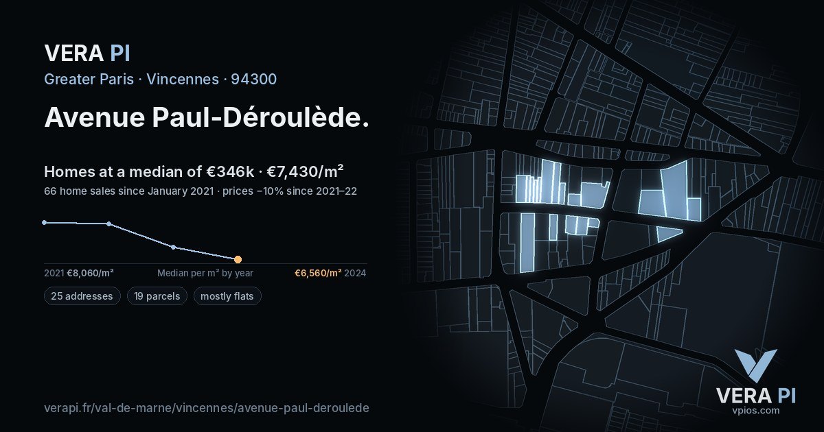 Avenue Paul-Déroulède, Vincennes at night – every parcel coloured by the prices around it, the street's own parcels lit