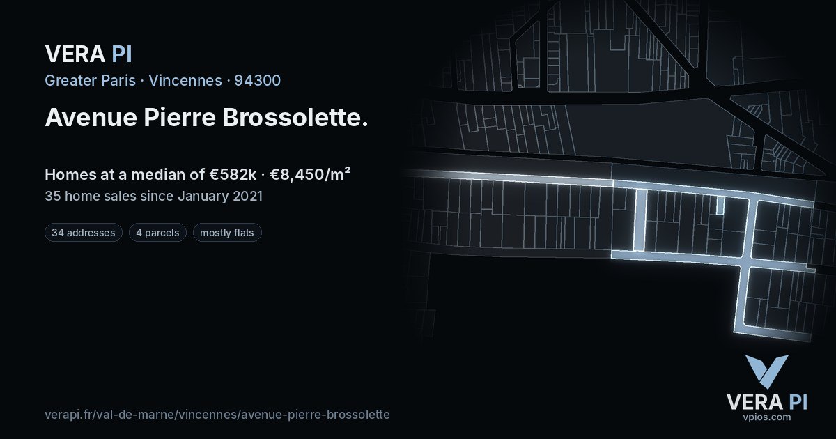Avenue Pierre Brossolette, Vincennes at night – every parcel coloured by the prices around it, the street's own parcels lit