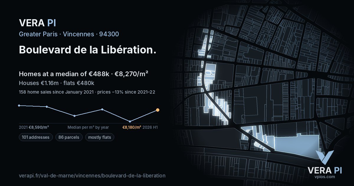 Boulevard de la Libération, Vincennes at night – every parcel coloured by the prices around it, the street's own parcels lit