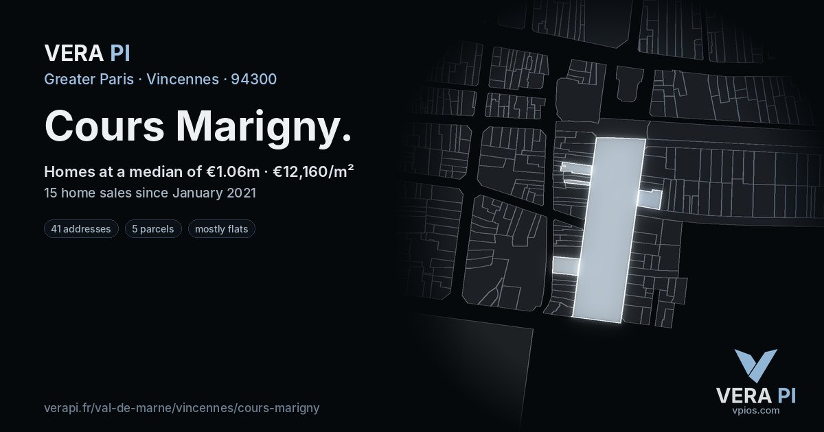 Cours Marigny, Vincennes at night – every parcel coloured by the prices around it, the street's own parcels lit