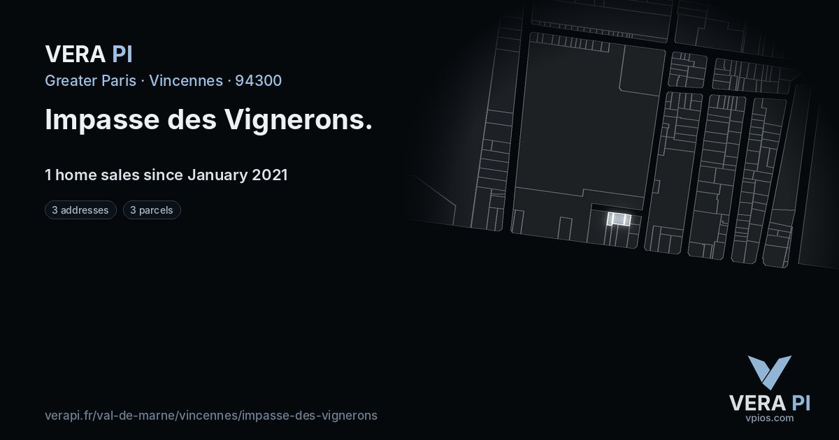Impasse des Vignerons, Vincennes at night – every parcel coloured by the prices around it, the street's own parcels lit