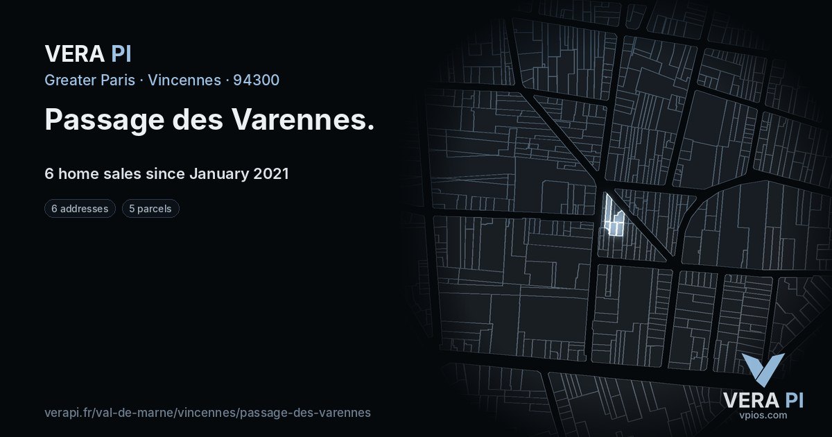 Passage des Varennes, Vincennes at night – every parcel coloured by the prices around it, the street's own parcels lit