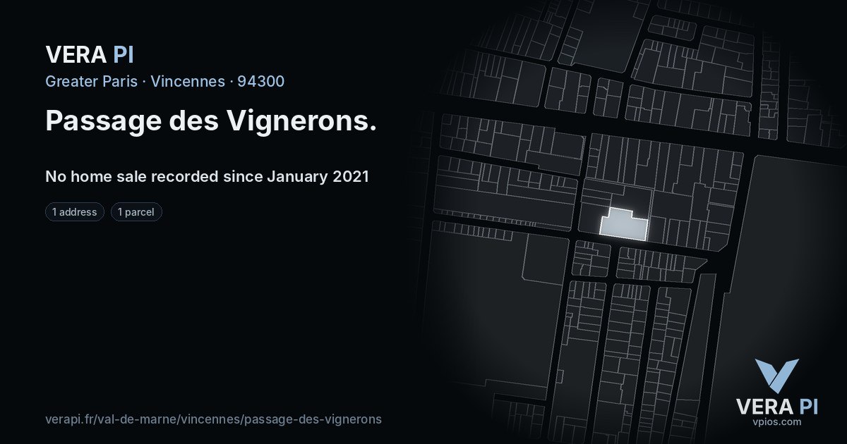 Passage des Vignerons, Vincennes at night – every parcel coloured by the prices around it, the street's own parcels lit
