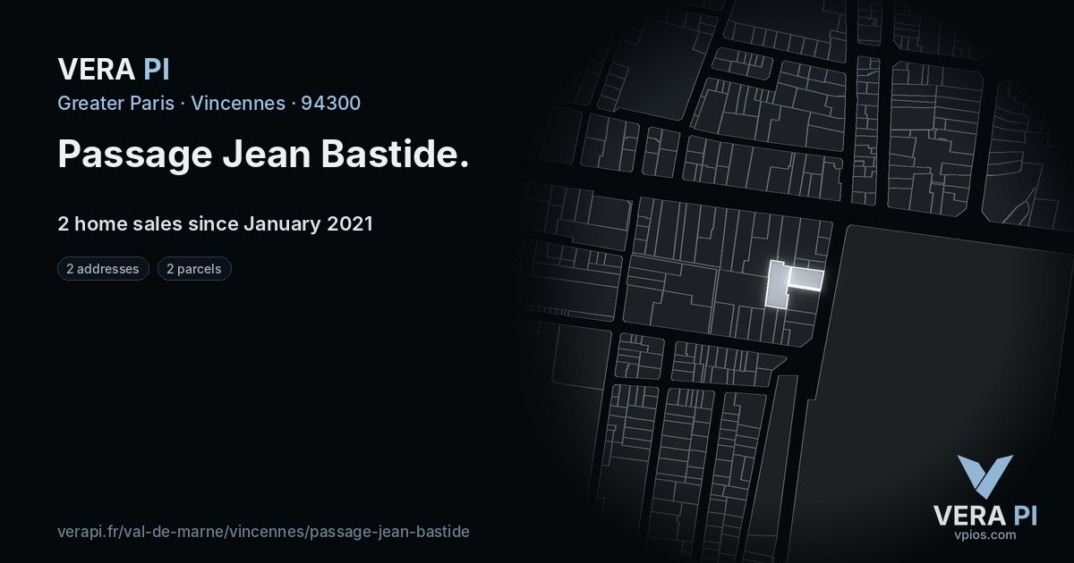 Passage Jean Bastide, Vincennes at night – every parcel coloured by the prices around it, the street's own parcels lit