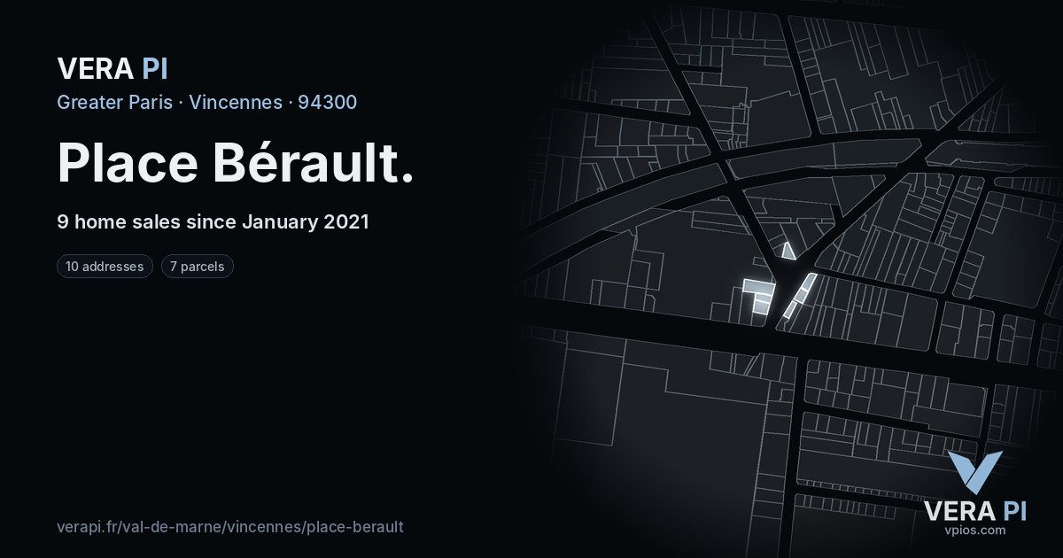 Place Bérault, Vincennes at night – every parcel coloured by the prices around it, the street's own parcels lit