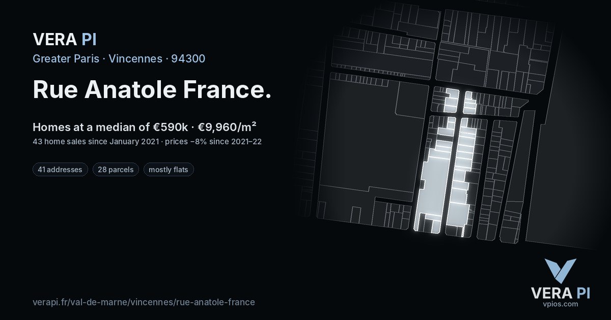 Rue Anatole France, Vincennes at night – every parcel coloured by the prices around it, the street's own parcels lit