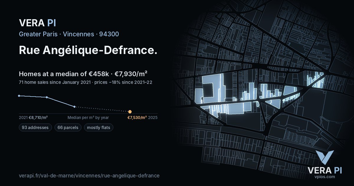 Rue Angélique-Defrance, Vincennes at night – every parcel coloured by the prices around it, the street's own parcels lit