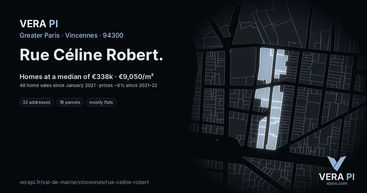 Rue Céline Robert, Vincennes at night – every parcel coloured by the prices around it, the street's own parcels lit