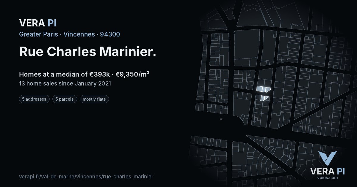Rue Charles Marinier, Vincennes at night – every parcel coloured by the prices around it, the street's own parcels lit