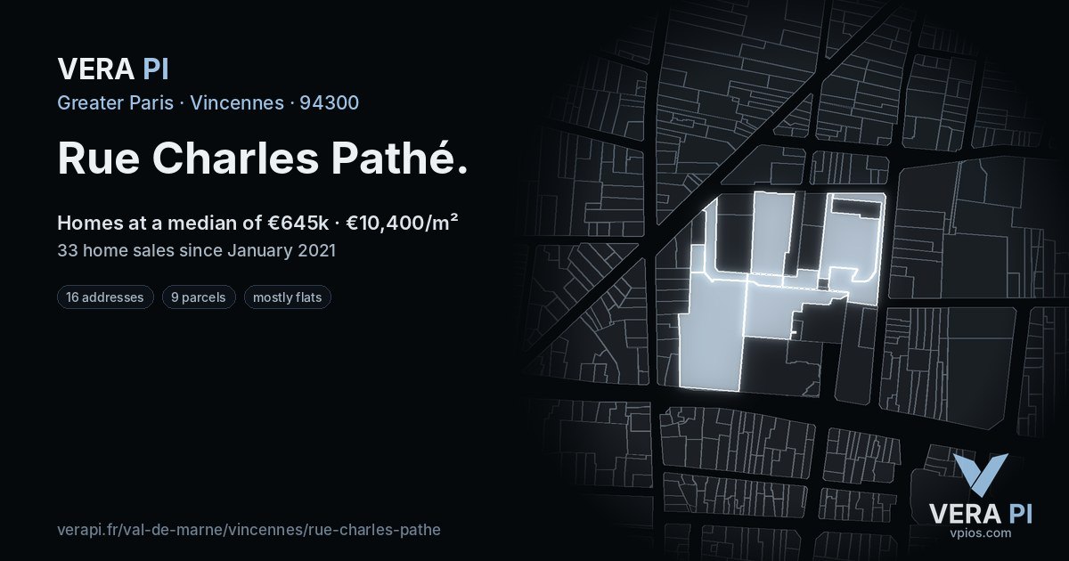Rue Charles Pathé, Vincennes at night – every parcel coloured by the prices around it, the street's own parcels lit