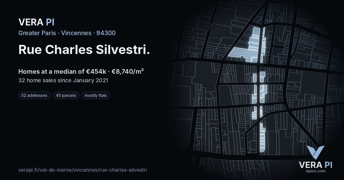 Rue Charles Silvestri, Vincennes at night – every parcel coloured by the prices around it, the street's own parcels lit