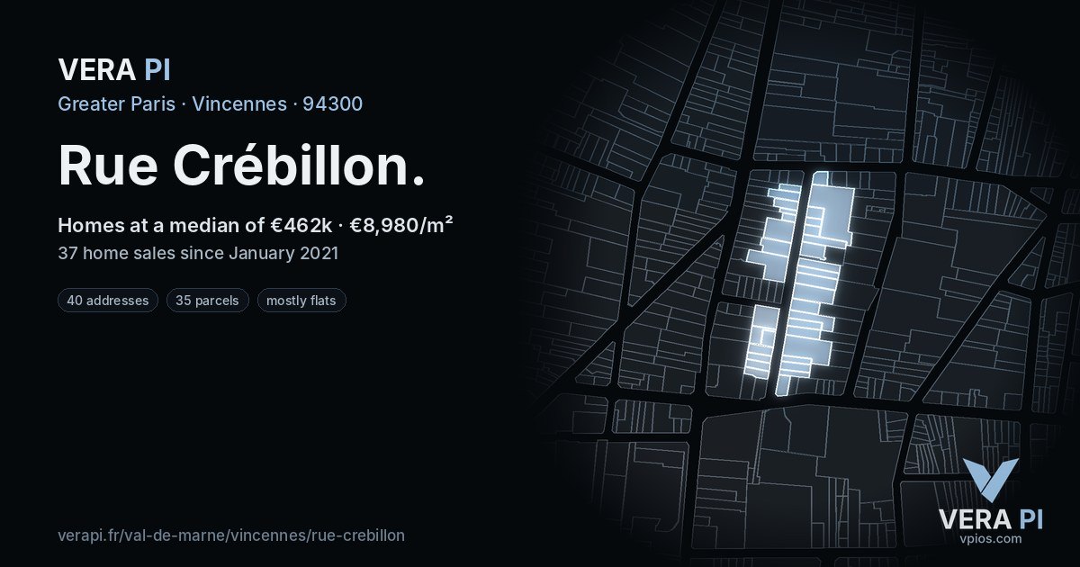 Rue Crébillon, Vincennes at night – every parcel coloured by the prices around it, the street's own parcels lit
