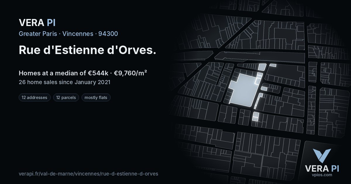 Rue d'Estienne d'Orves, Vincennes at night – every parcel coloured by the prices around it, the street's own parcels lit