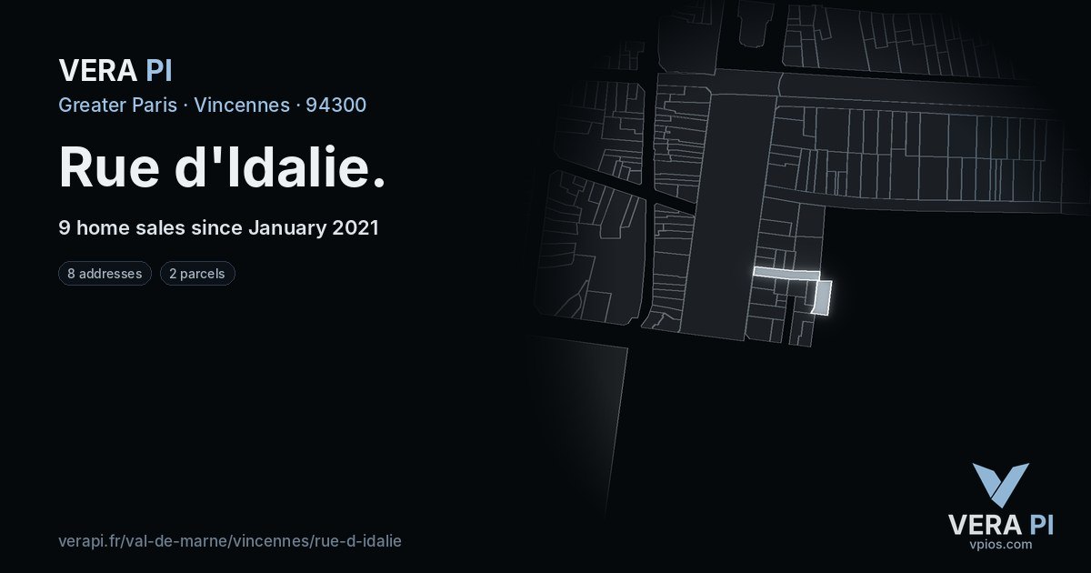 Rue d'Idalie, Vincennes at night – every parcel coloured by the prices around it, the street's own parcels lit