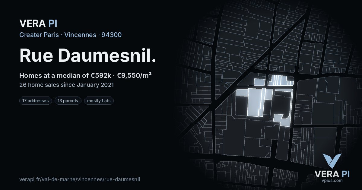 Rue Daumesnil, Vincennes at night – every parcel coloured by the prices around it, the street's own parcels lit