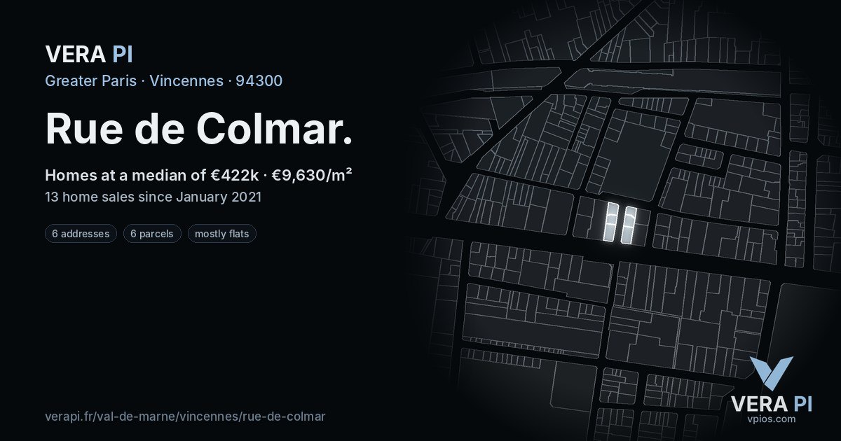 Rue de Colmar, Vincennes at night – every parcel coloured by the prices around it, the street's own parcels lit