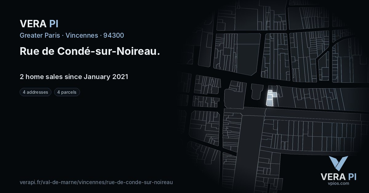 Rue de Condé-sur-Noireau, Vincennes at night – every parcel coloured by the prices around it, the street's own parcels lit