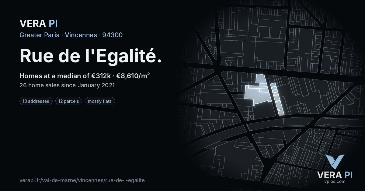 Rue de l'Egalité, Vincennes at night – every parcel coloured by the prices around it, the street's own parcels lit