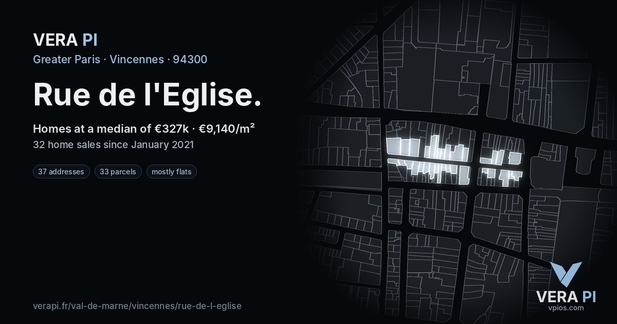 Rue de l'Eglise, Vincennes at night – every parcel coloured by the prices around it, the street's own parcels lit