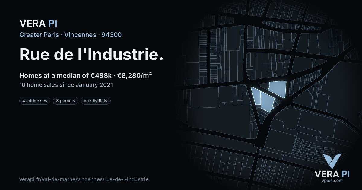 Rue de l'Industrie, Vincennes at night – every parcel coloured by the prices around it, the street's own parcels lit
