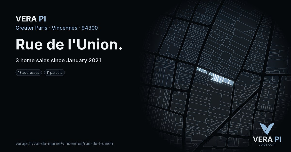 Rue de l'Union, Vincennes at night – every parcel coloured by the prices around it, the street's own parcels lit