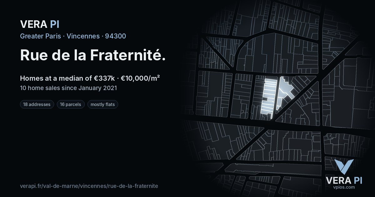 Rue de la Fraternité, Vincennes at night – every parcel coloured by the prices around it, the street's own parcels lit