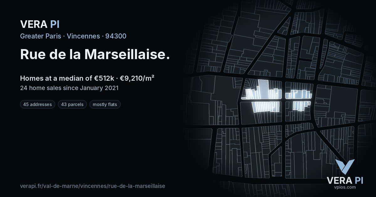 Rue de la Marseillaise, Vincennes at night – every parcel coloured by the prices around it, the street's own parcels lit
