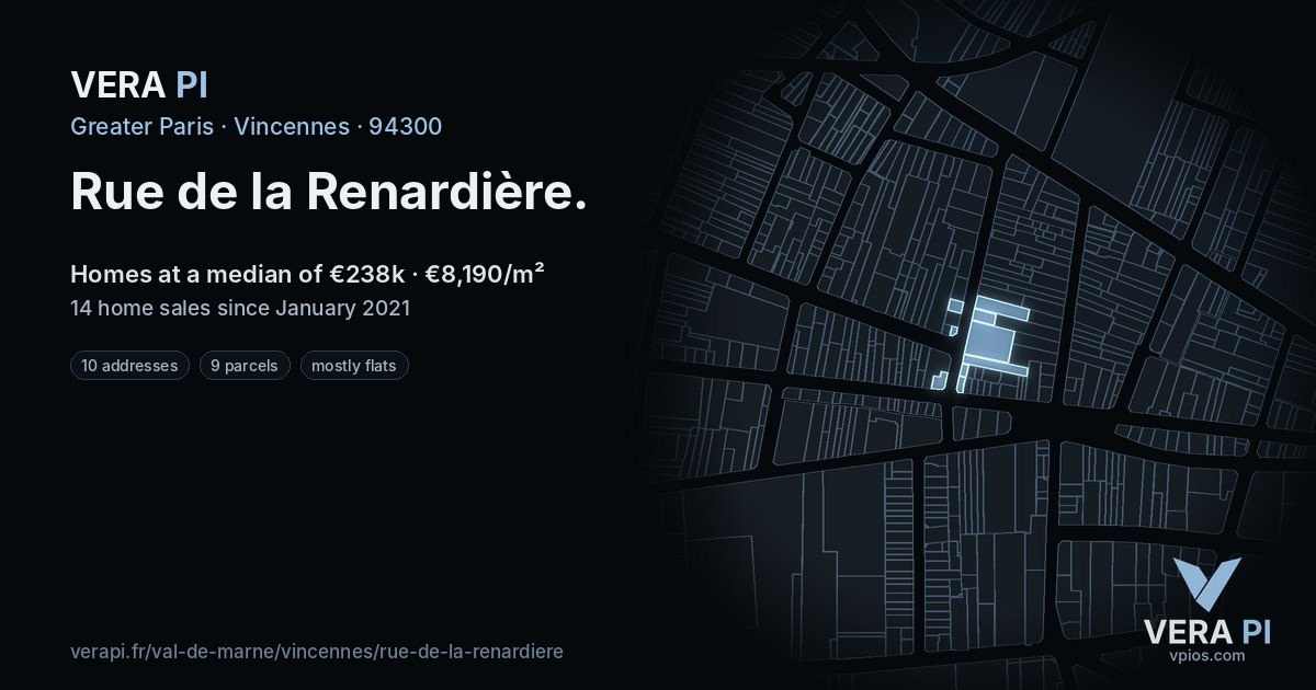 Rue de la Renardière, Vincennes at night – every parcel coloured by the prices around it, the street's own parcels lit