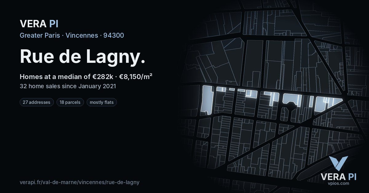 Rue de Lagny, Vincennes at night – every parcel coloured by the prices around it, the street's own parcels lit