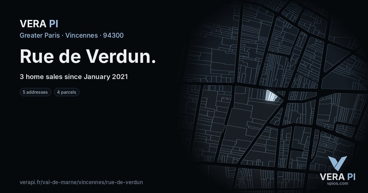 Rue de Verdun, Vincennes at night – every parcel coloured by the prices around it, the street's own parcels lit