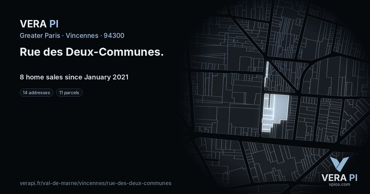 Rue des Deux-Communes, Vincennes at night – every parcel coloured by the prices around it, the street's own parcels lit