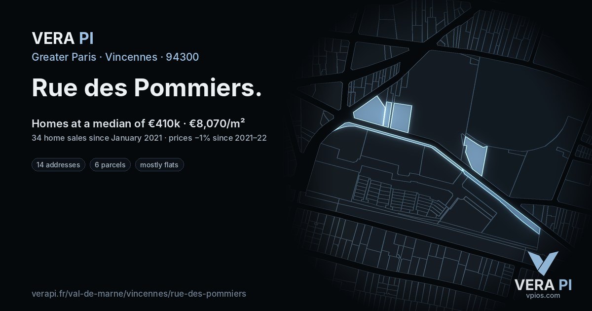 Rue des Pommiers, Vincennes at night – every parcel coloured by the prices around it, the street's own parcels lit