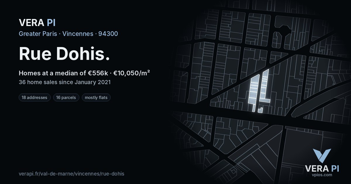 Rue Dohis, Vincennes at night – every parcel coloured by the prices around it, the street's own parcels lit