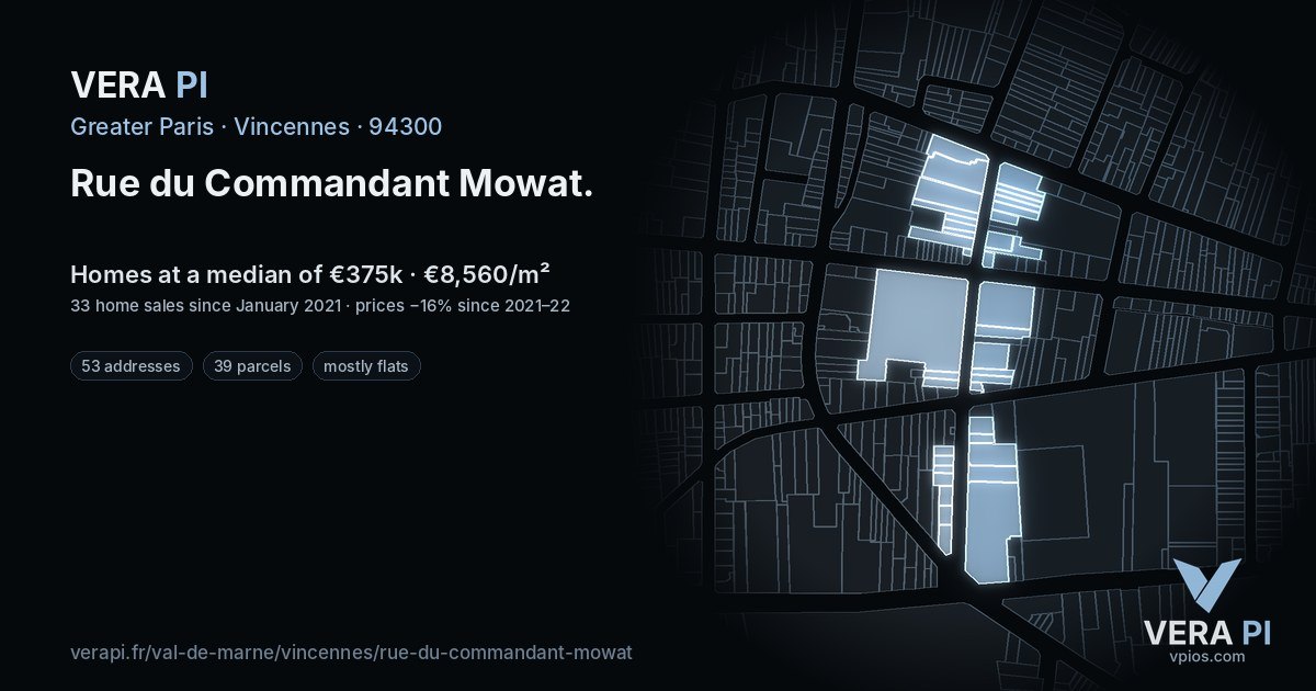 Rue du Commandant Mowat, Vincennes at night – every parcel coloured by the prices around it, the street's own parcels lit