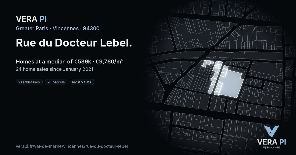 Rue du Docteur Lebel, Vincennes at night – every parcel coloured by the prices around it, the street's own parcels lit