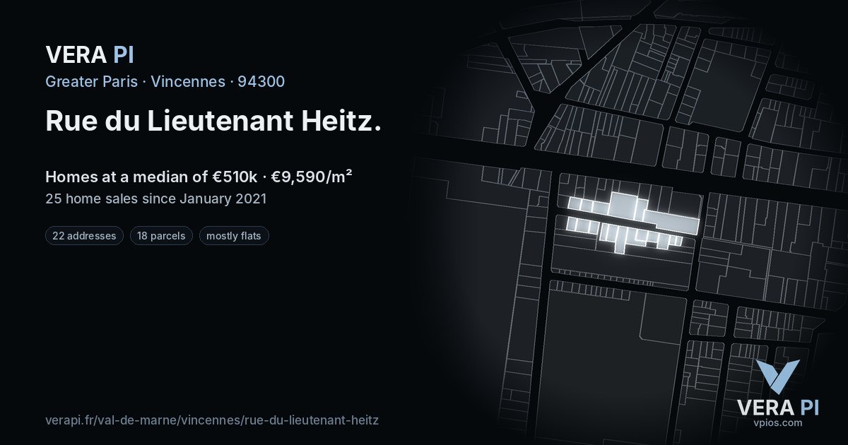 Rue du Lieutenant Heitz, Vincennes at night – every parcel coloured by the prices around it, the street's own parcels lit