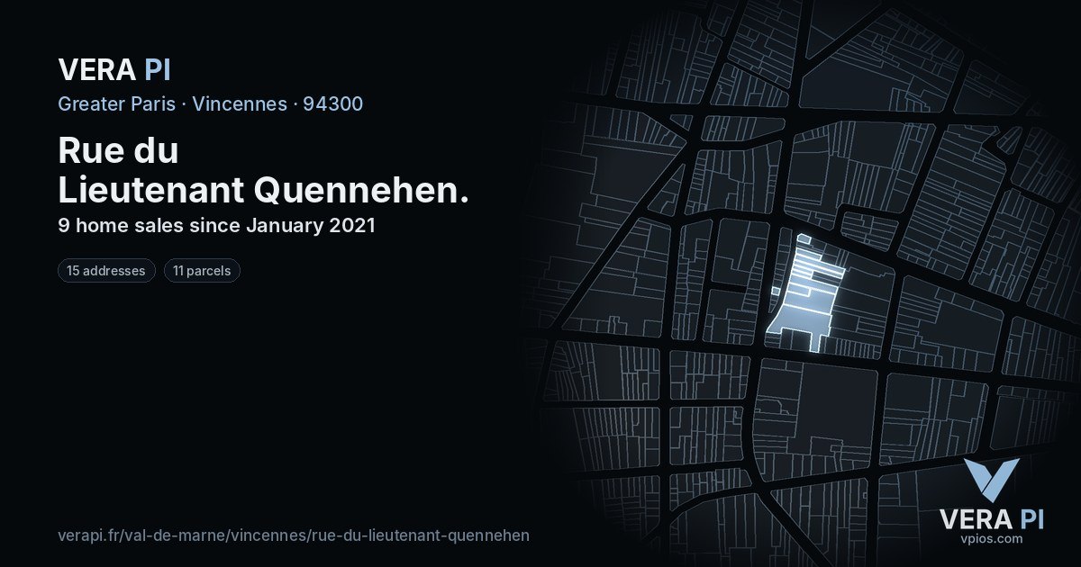 Rue du Lieutenant Quennehen, Vincennes at night – every parcel coloured by the prices around it, the street's own parcels lit