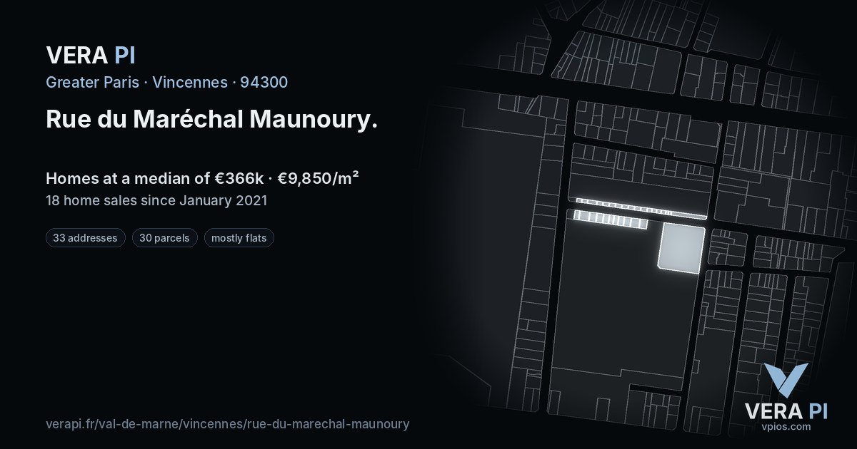 Rue du Maréchal Maunoury, Vincennes at night – every parcel coloured by the prices around it, the street's own parcels lit
