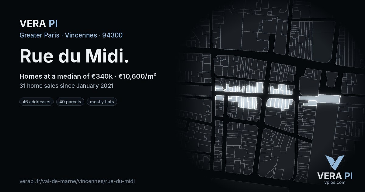 Rue du Midi, Vincennes at night – every parcel coloured by the prices around it, the street's own parcels lit