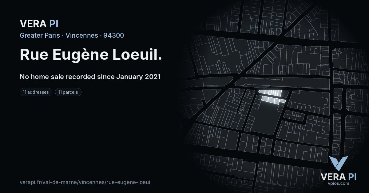 Rue Eugène Loeuil, Vincennes at night – every parcel coloured by the prices around it, the street's own parcels lit