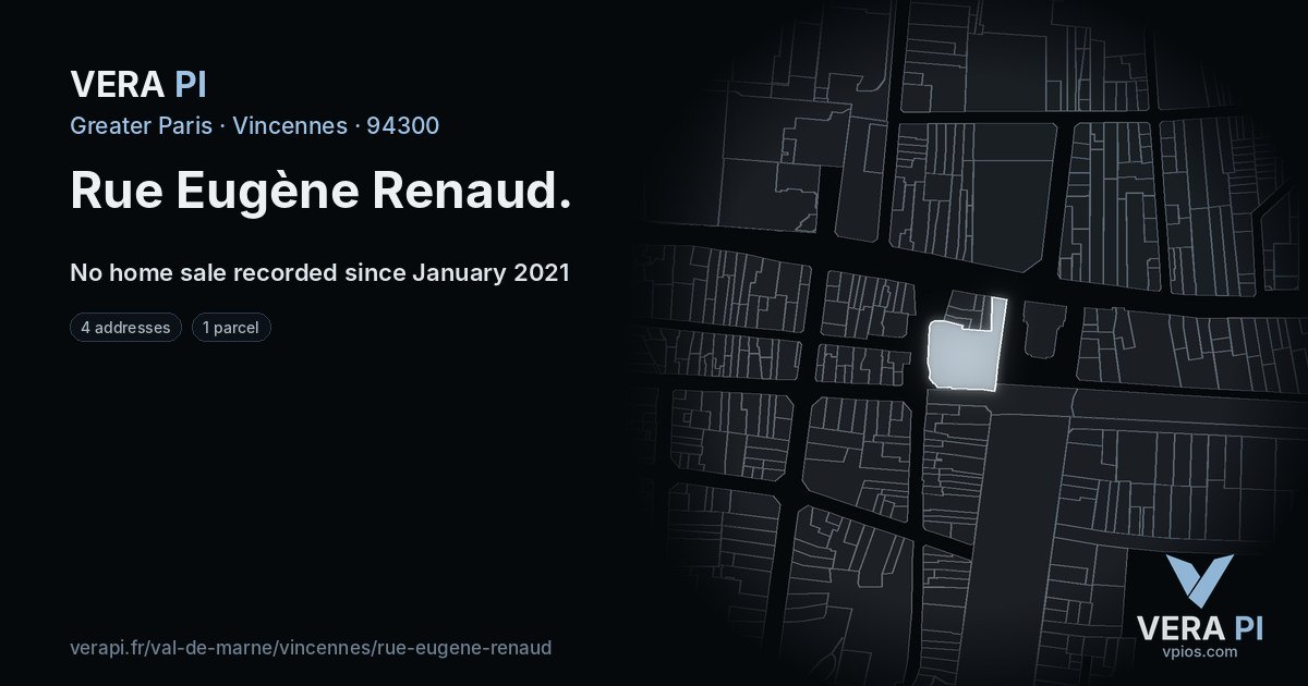 Rue Eugène Renaud, Vincennes at night – every parcel coloured by the prices around it, the street's own parcels lit