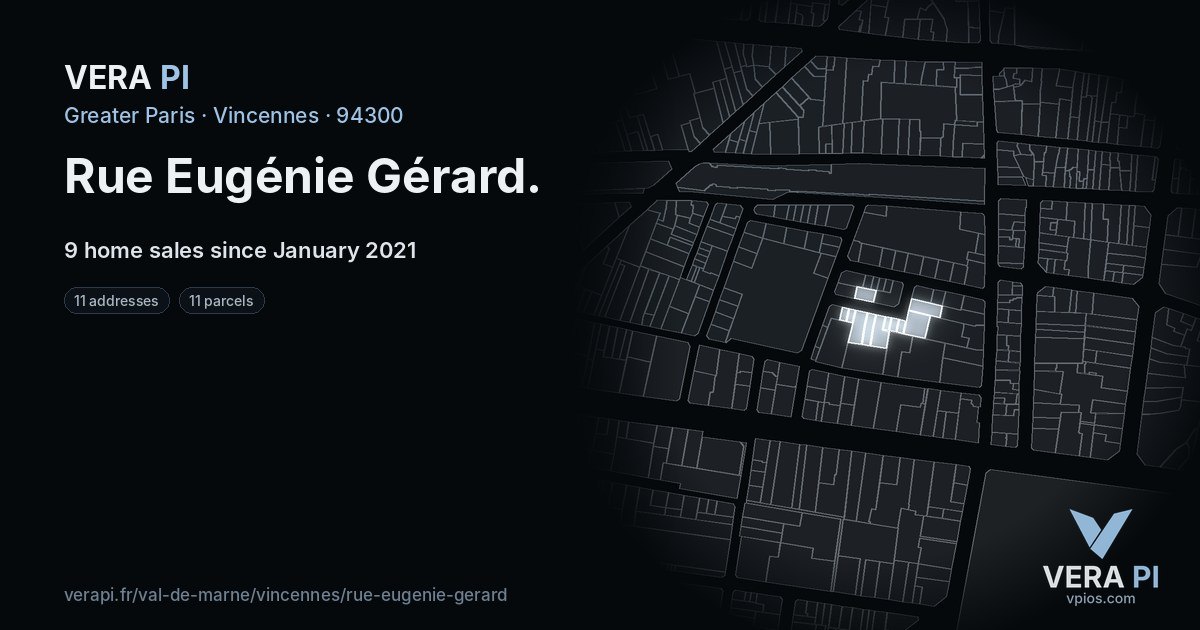 Rue Eugénie Gérard, Vincennes at night – every parcel coloured by the prices around it, the street's own parcels lit