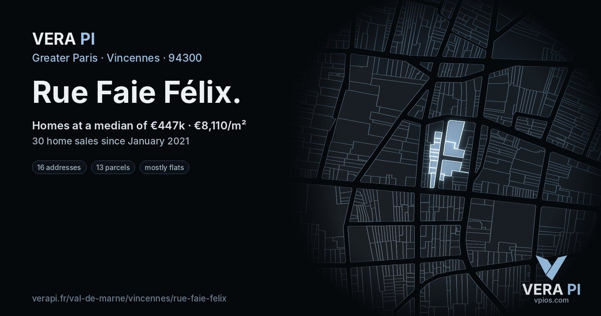 Rue Faie Félix, Vincennes at night – every parcel coloured by the prices around it, the street's own parcels lit