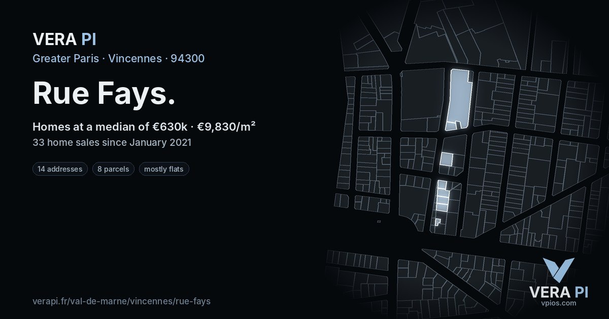 Rue Fays, Vincennes at night – every parcel coloured by the prices around it, the street's own parcels lit