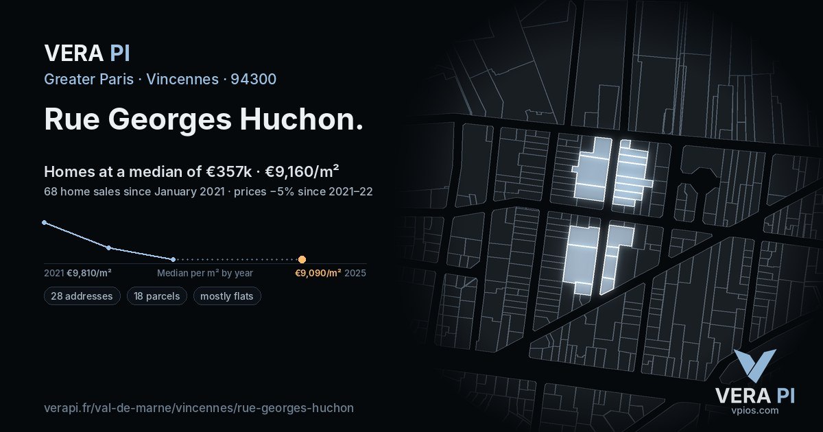 Rue Georges Huchon, Vincennes at night – every parcel coloured by the prices around it, the street's own parcels lit