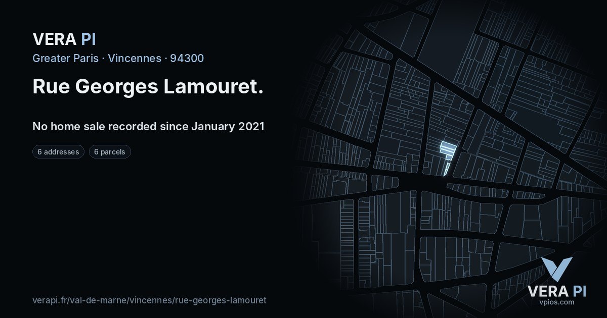 Rue Georges Lamouret, Vincennes at night – every parcel coloured by the prices around it, the street's own parcels lit